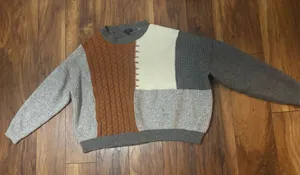 Patchwork Sweater Cream Brown Grey Gray thumbnail 1