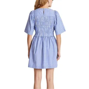 Apiece Apart Adorna Smocked Striped Cotton Mini Dress Blue White Size Medium thumbnail 2