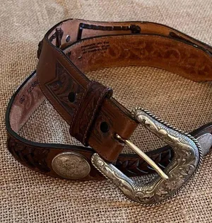 Justin Boots Brown Tooled Cowhide Leather Concho Coin Belt Silver Buckle western 32 in thumbnail 1