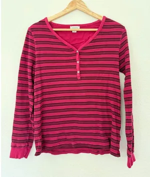 Sundance Catalog Thermal Stripe Henley Cabin Cozy‎ Pink Black Small Long Sleeve thumbnail 1