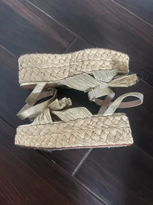 Loeffler Randall Gold Bow Pleated Espadrille Wedge Sandals Ankle Strap thumbnail 3