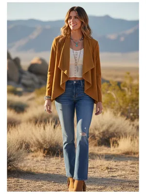 Coldwater Creek 100% Leather‎ Open Front Jacket Women's S Tan Western Boho thumbnail 10