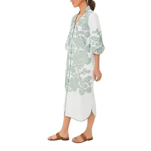 Tuckernuck Hyacinth House Arem Embroidered Caftan Small Front Zip White Green thumbnail 2