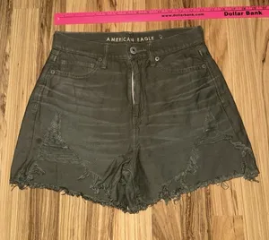 American Eagle Sz 4 Green Denim Distressed Highest Rise Mom Short Frayed‎ thumbnail 1