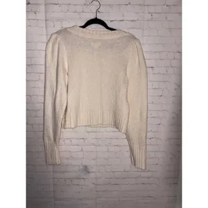 Maeve Anthropologie Cream Cotton Blend Puff Sleeve‎ Knit Cropped Sweater Medium thumbnail 2
