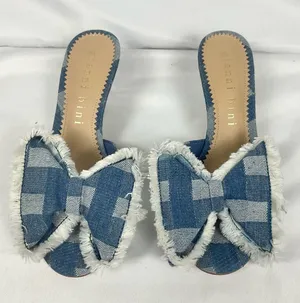 Gianni Bini Wendell Sandals Patchwork Denim Bow Gingham Mule Heels Blue Sz 7.5 thumbnail 1