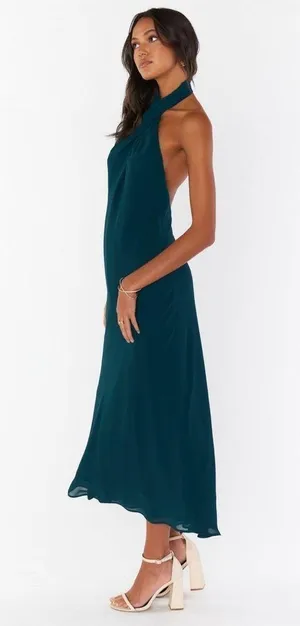 SHOW ME YOUR MUMU Jasmine Halter Midi Dress In Emerald Chiffon thumbnail 4
