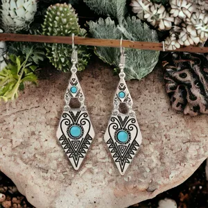 Carved Geometric Shape With Turquoise Decor Dangle Earrings Retro Bohemian Style thumbnail 7