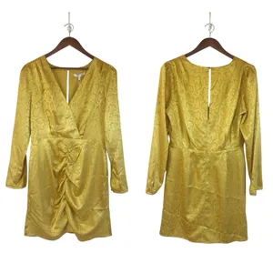 WAYF Yellow Gold Snake Print Long Sleeve Mini Dress Ruched Low Cut Large New‎ thumbnail 2