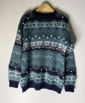 Christopher & Banks Mohair Blend Fair Isle Sweater Blue Hand Embroidered Medium thumbnail 1
