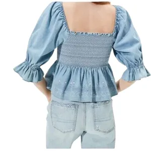 American Eagle Smocked Denim Peplum‎ Top Womens Small Blue Embroidered Babydoll thumbnail 2