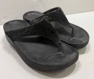 FitFlop Shoes Womens Size 5‎ Black Sequin Thong Flip Flop Wedge Sandals Comfort thumbnail 1