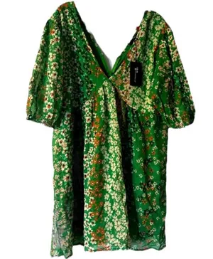 ASOS Wednesday's Girl puff sleeve mini smock dress in green patchwork thumbnail 6
