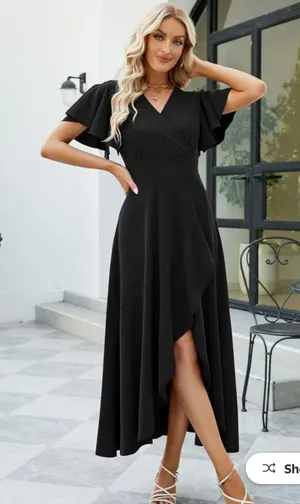 ZZZY Women's Elegant V Neck Ruffle Sleeve Maxi Dress Solid Color Flowy Formal Cocktail Party Wedding Guest Work Dresses thumbnail 1