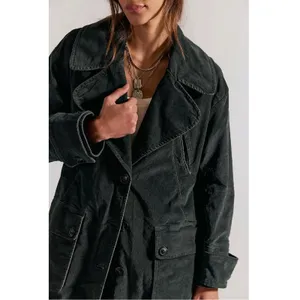 Free People Retro 70s Fox Cord Corduroy Duster Trench Coat Dark Charcoal Large thumbnail 5