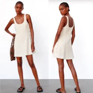 ZARA Womens White Tweed Scoop Neck Button Mini Dress Preppy Structured Chic Sz M thumbnail 3