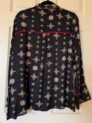 H&M Patterned Pajama Shirt - Black/Tan Satin Top Blouse - Size 12 thumbnail 4