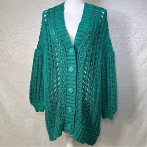 Maeve Anthropologie Teal Open Stitch Oversized Long Cardigan Sweater Small thumbnail 11