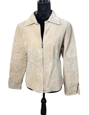 AMI Womens Genuine Suede Leather Jacket Large Tan Full Zip Pockets Lined Neutral thumbnail 1