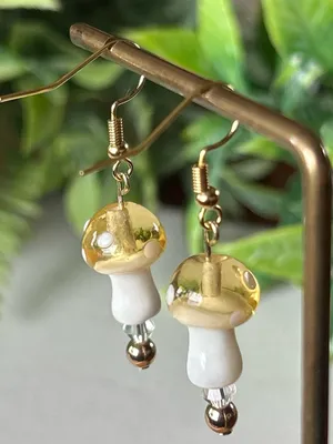 Handmade yellow mushroom + hematite drop earrings in gold thumbnail 4