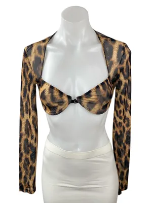 Edikted Women's Leopard Print Mesh Sheer Long Sleeve Bolero Shrug Bra Top Size M thumbnail 1