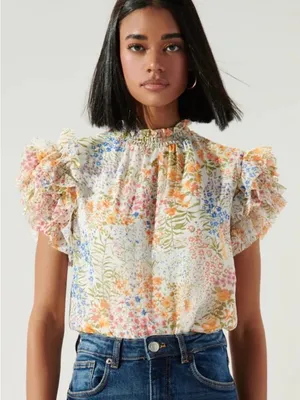 Sugarlips White Multi Floral Ruffle Sleeve Top thumbnail 1
