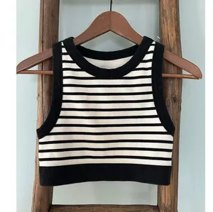 Classic Black and White Striped Crop Tank Top Sleeveless Summer Casual thumbnail 1