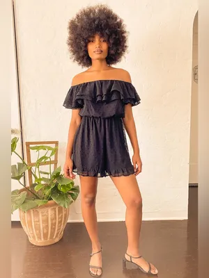 Lulus Frilled to Bits Black Swiss Dot Off-the-Shoulder Romper Size Small NWT thumbnail 3