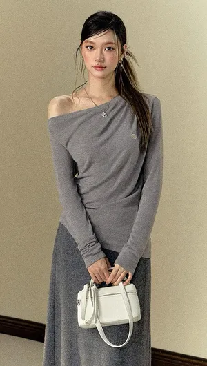 Gray Draped Neck Long Sleeve Top Size L thumbnail 2