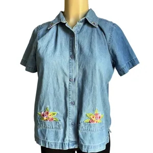 Vintage Lemon Grass Denim Shirt Jacket Embroidered Floral Women's PM NWT thumbnail 3