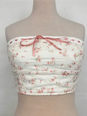 Altar'd State White & Pink Floral Eyelet Embroidered Bandeau Crop Top Medium thumbnail 2