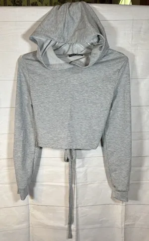 Shein Womens Cropped Hoodie Size Medium Gray Ties on‎ Back Long Sleeve thumbnail 1
