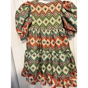 Autumn Adeigbo Mini Dress Babydoll Green Orange Puff Sleeve Size 2 Eclectic Luxe thumbnail 6