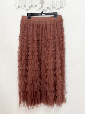 Miss Sparkling Mocha Brown Tiered Tulle Ruffle Midi Skirt thumbnail 6