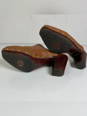 Salpy Womens 9 Brown Leather Studded Wood Platform Clogs Mules Boho Y2K Retro thumbnail 6