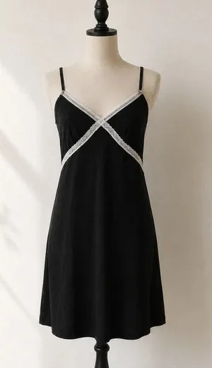 Love to Sleep Black Lace Trim Nightgown Large Soft Stretch Chemise Slip thumbnail 1