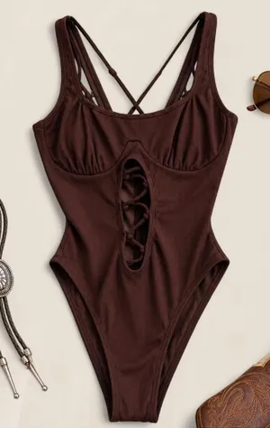 Icon Swim Chocolate Brown Ribbed Cutout One Piece Swimsuit Y2K Bombshell XS thumbnail 1