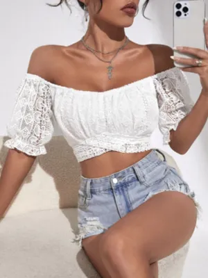 NWOT SHEIN White Privé Off Shoulder Puff Sleeve Tie Back Guipure Lace Top Size 6 thumbnail 4