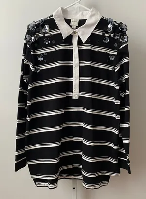 Maeve Cotton Quirky Academia Sequin Floral Rugby Shirt M Black Stripe Collegiate thumbnail 1