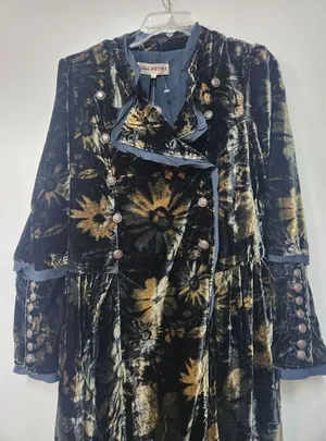 Free People Hazel Duster Velvet Coat Floral Print Black Gold Brown Lined XL H thumbnail 7