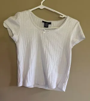 Just Polly New York White Pointelle Baby Tee Lace Trim Bow Top Small‎ JK19481 thumbnail 1