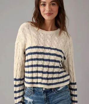 American Eagle Cropped Cable-Knit Sweater Stripe thumbnail 1