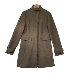Banana Republic Brown Italian‎ Fabric Ruffle Trim Funnel Neck Wool Coat Womens M thumbnail 1
