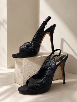 Dior | Navy Quilted Open-Toe Slingback Heels with D Charm | 39 thumbnail 2