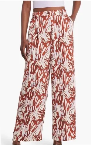 Open Edit Abstract Print Satin Trousers Pants in Purple Lava Size Medium thumbnail 1