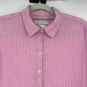 Lola River Linen Blend Pin Stripe Button Womens Shirt Sz M Pink Preppy Coastal thumbnail 3