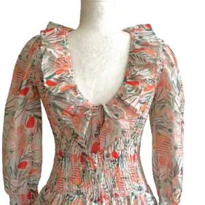 Vestique Sammie Dress Peach Green Floral Smocked Deep V-Neck Mini Small NEW thumbnail 4