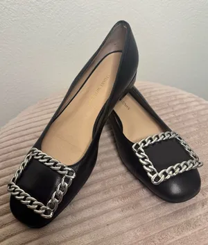 Stuart Weitzman Black Leather Chain-Trim Ballet Flats Shoes thumbnail 1