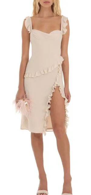 Lucy in the Sky Chiffon Ruffle Dress in Beige thumbnail 1