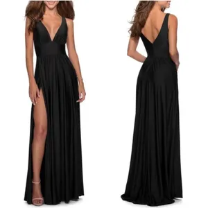 LA FEMME Plunge Neck A-line black high front slit Gown thumbnail 2